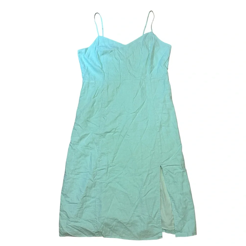 J.Crew Linen Blend Sunwashed Mint Midi Dress Size 14 Smocked Back Side Slit - Picture 5 of 15